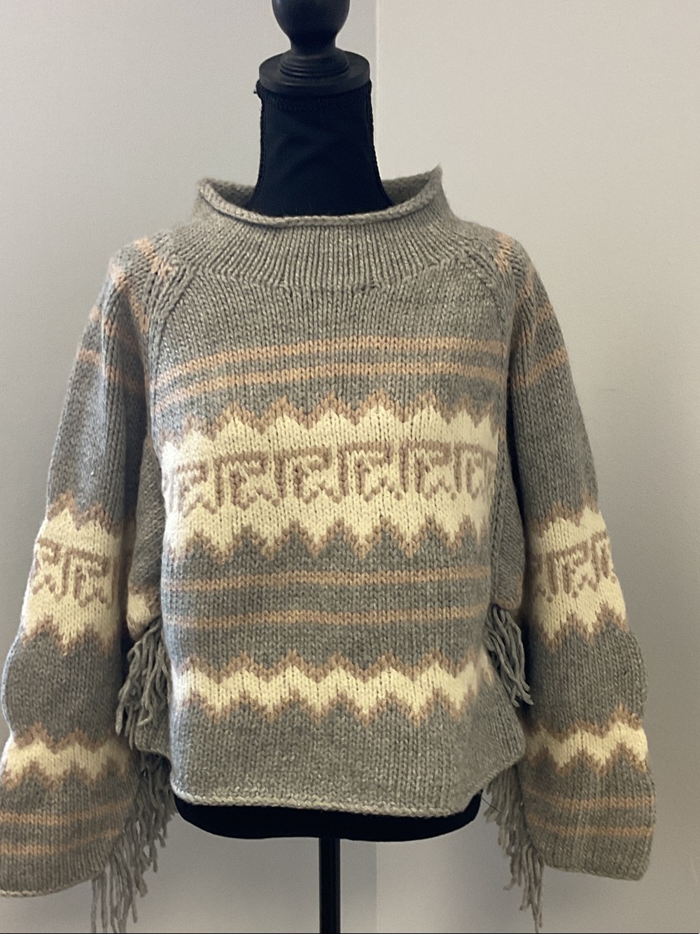 Gray and Cream Patterned Crewneck Sweater with Fringe
